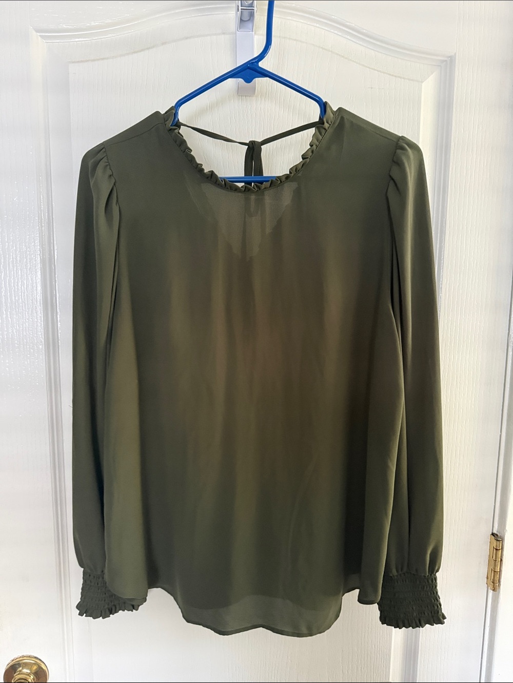 LOFT Olive Green Ruffle Neck Long-Sleeve Blouse